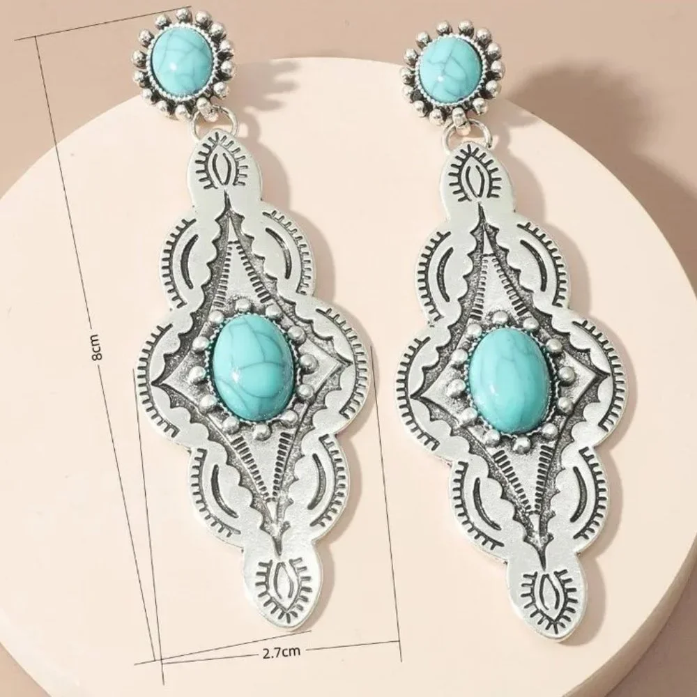 Western Southwestern Boho Cowboy Aged Silver & Turquoise Dangle Earrings NEW - Picture 4 of 5